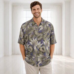 2 for $20 Pierre Cardin Leaf Print Rayon Button Down Shirt L Tropical Dadcore